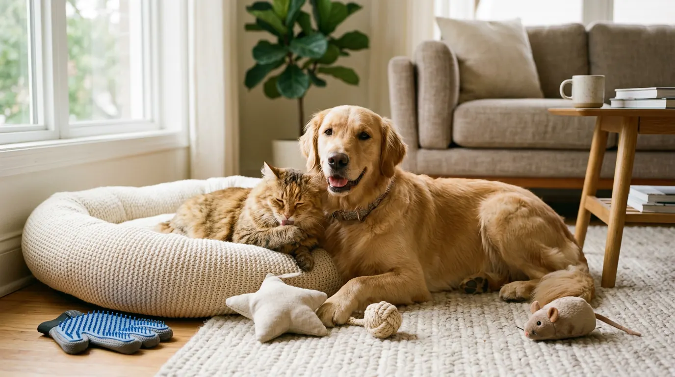 A happy dog and cat resting together in a bright living room with a plush pet bed and toys