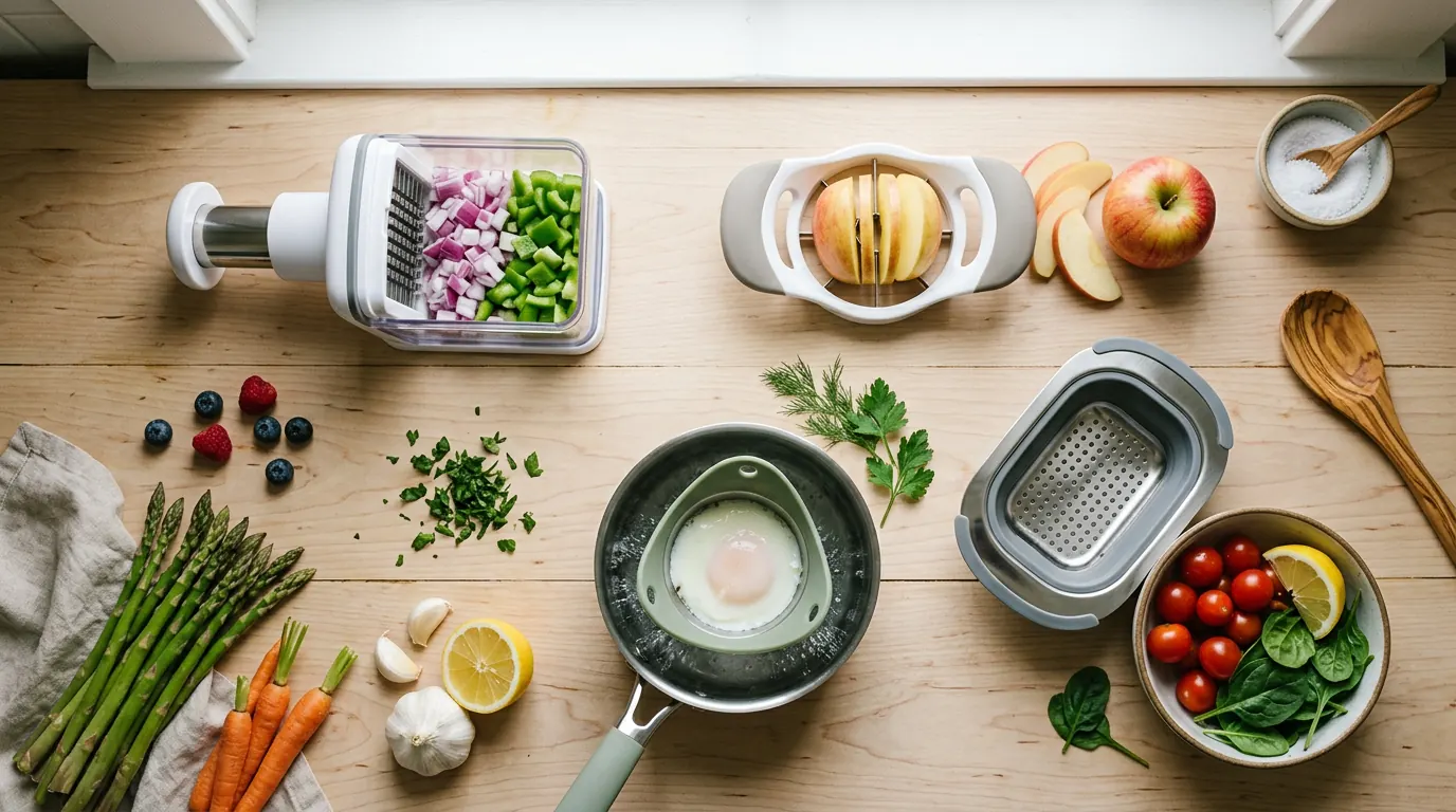 An overhead flat-lay of compact kitchen gadgets with fresh vegetables and fruit on a wood countertop