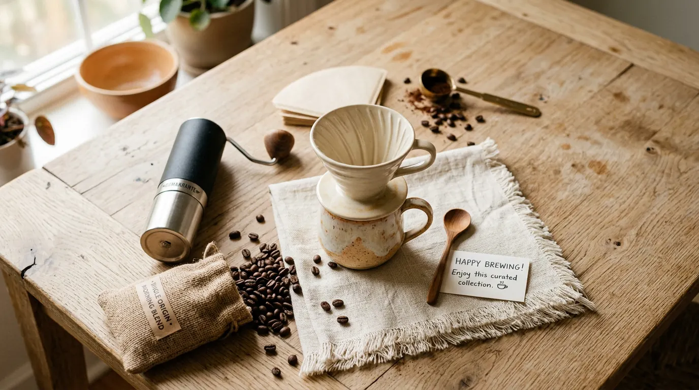 A curated collection of coffee-lover gifts on a wooden table