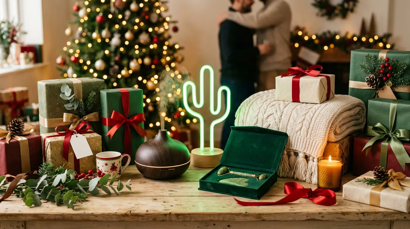 An assortment of varied wrapped gifts and eclectic presents on a table with warm bokeh lights